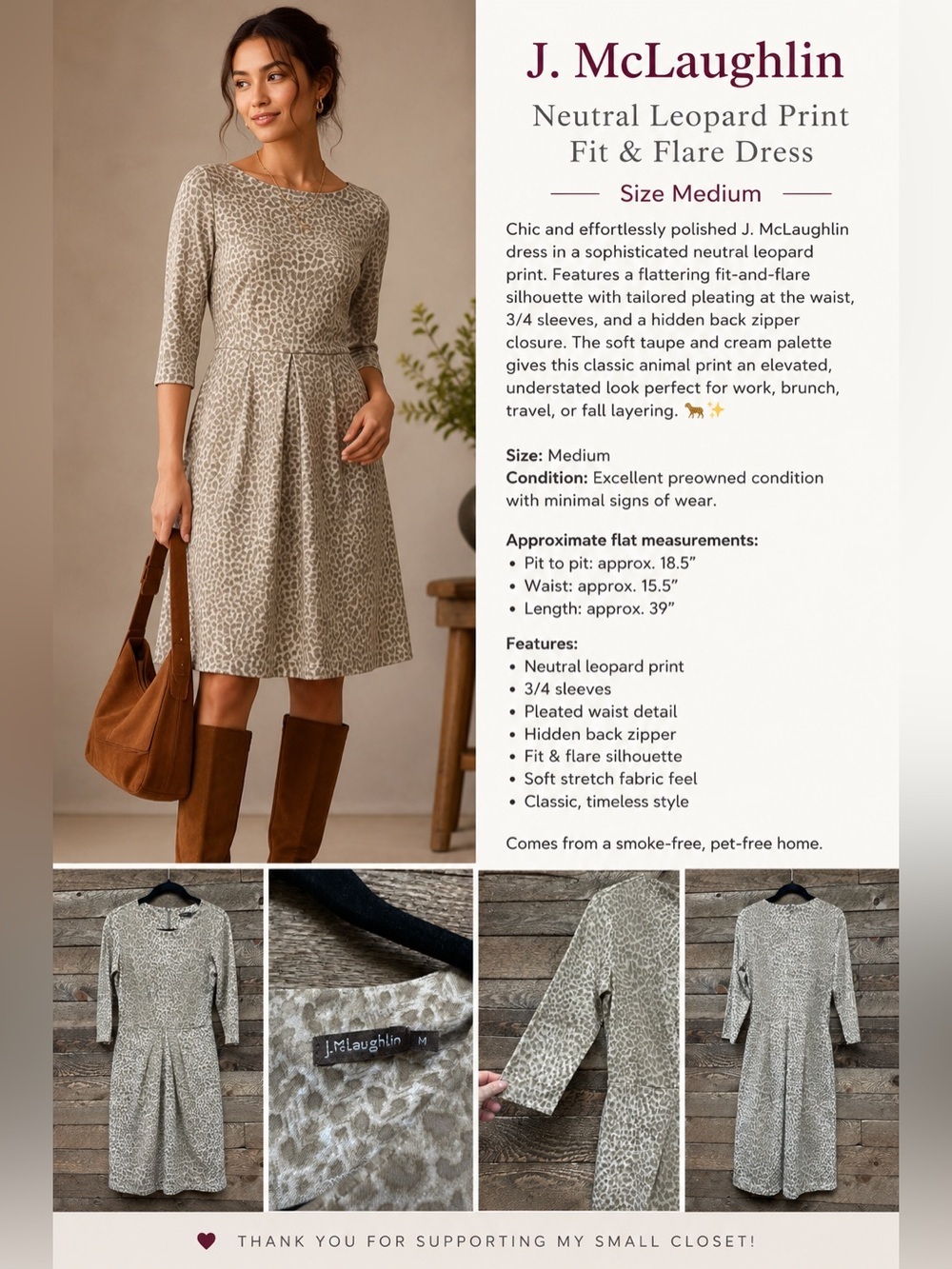 J. McLaughlin Taupe & Cream Neutral Leopard Fit-and-Flare Midi Dress